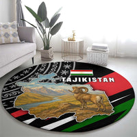 Tajikistan Marco Polo Sheep Round Carpet with Black Red Green Tribal Flag Pattern