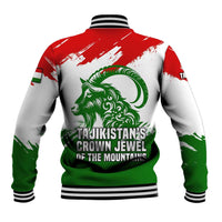 Tajikistan Baseball Jacket Markhor with Red Green White Brushstroke Flag with Mountain Goat Design