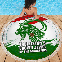 Tajikistan Beach Blanket Markhor with Red Green White Brushstroke Flag with Mountain Goat Design