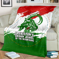 Tajikistan Blanket Markhor with Red Green White Brushstroke Flag with Mountain Goat Design