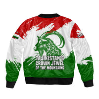 Tajikistan Bomber Jacket Markhor with Red Green White Brushstroke Flag with Mountain Goat Design