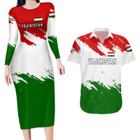 Tajikistan Couples Matching Long Sleeve Bodycon Dress and Hawaiian Shirt Markhor with Red Green White Brushstroke Flag with Mountain Goat Design