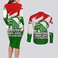 Tajikistan Couples Matching Long Sleeve Bodycon Dress and Long Sleeve Button Shirt Markhor with Red Green White Brushstroke Flag with Mountain Goat Design