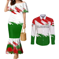 Tajikistan Couples Matching Mermaid Dress and Long Sleeve Button Shirt Markhor with Red Green White Brushstroke Flag with Mountain Goat Design