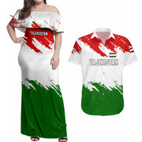 Tajikistan Couples Matching Off Shoulder Maxi Dress and Hawaiian Shirt Markhor with Red Green White Brushstroke Flag with Mountain Goat Design