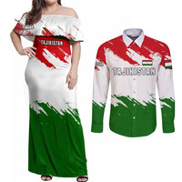 Tajikistan Couples Matching Off Shoulder Maxi Dress and Long Sleeve Button Shirt Markhor with Red Green White Brushstroke Flag with Mountain Goat Design