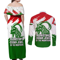 Tajikistan Couples Matching Off Shoulder Maxi Dress and Long Sleeve Button Shirt Markhor with Red Green White Brushstroke Flag with Mountain Goat Design