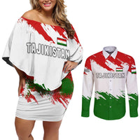 Tajikistan Couples Matching Off Shoulder Short Dress and Long Sleeve Button Shirt Markhor with Red Green White Brushstroke Flag with Mountain Goat Design
