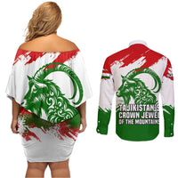 Tajikistan Couples Matching Off Shoulder Short Dress and Long Sleeve Button Shirt Markhor with Red Green White Brushstroke Flag with Mountain Goat Design