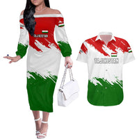 Tajikistan Couples Matching Off The Shoulder Long Sleeve Dress and Hawaiian Shirt Markhor with Red Green White Brushstroke Flag with Mountain Goat Design