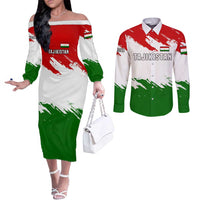 Tajikistan Couples Matching Off The Shoulder Long Sleeve Dress and Long Sleeve Button Shirt Markhor with Red Green White Brushstroke Flag with Mountain Goat Design