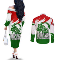 Tajikistan Couples Matching Off The Shoulder Long Sleeve Dress and Long Sleeve Button Shirt Markhor with Red Green White Brushstroke Flag with Mountain Goat Design