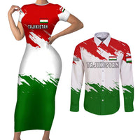 Tajikistan Couples Matching Short Sleeve Bodycon Dress and Long Sleeve Button Shirt Markhor with Red Green White Brushstroke Flag with Mountain Goat Design