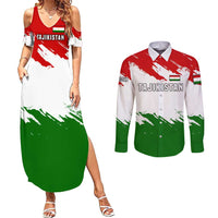 Tajikistan Couples Matching Summer Maxi Dress and Long Sleeve Button Shirt Markhor with Red Green White Brushstroke Flag with Mountain Goat Design