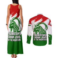 Tajikistan Couples Matching Tank Maxi Dress and Long Sleeve Button Shirt Markhor with Red Green White Brushstroke Flag with Mountain Goat Design