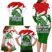 Tajikistan Family Matching Long Sleeve Bodycon Dress and Hawaiian Shirt Markhor with Red Green White Brushstroke Flag with Mountain Goat Design