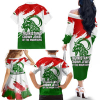 Tajikistan Family Matching Off The Shoulder Long Sleeve Dress and Hawaiian Shirt Markhor with Red Green White Brushstroke Flag with Mountain Goat Design