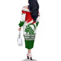 Tajikistan Family Matching Off The Shoulder Long Sleeve Dress and Hawaiian Shirt Markhor with Red Green White Brushstroke Flag with Mountain Goat Design