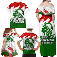 Tajikistan Family Matching Off Shoulder Maxi Dress and Hawaiian Shirt Markhor with Red Green White Brushstroke Flag with Mountain Goat Design