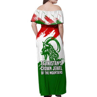 Tajikistan Family Matching Off Shoulder Maxi Dress and Hawaiian Shirt Markhor with Red Green White Brushstroke Flag with Mountain Goat Design