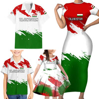 Tajikistan Family Matching Short Sleeve Bodycon Dress and Hawaiian Shirt Markhor with Red Green White Brushstroke Flag with Mountain Goat Design