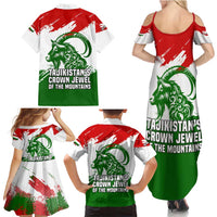 Tajikistan Family Matching Summer Maxi Dress and Hawaiian Shirt Markhor with Red Green White Brushstroke Flag with Mountain Goat Design