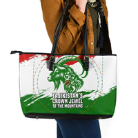 Tajikistan Leather Tote Bag Markhor with Red Green White Brushstroke Flag with Mountain Goat Design