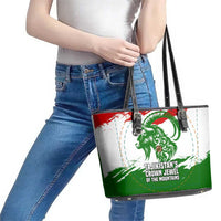Tajikistan Leather Tote Bag Markhor with Red Green White Brushstroke Flag with Mountain Goat Design