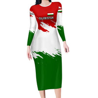 Tajikistan Long Sleeve Bodycon Dress Markhor with Red Green White Brushstroke Flag with Mountain Goat Design