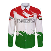Tajikistan Long Sleeve Button Shirt Markhor with Red Green White Brushstroke Flag with Mountain Goat Design