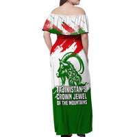 Tajikistan Off Shoulder Maxi Dress Markhor with Red Green White Brushstroke Flag with Mountain Goat Design