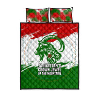 Tajikistan Quilt Bed Set Markhor with Red Green White Brushstroke Flag with Mountain Goat Design