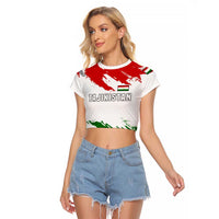 Tajikistan Raglan Cropped T Shirt Markhor with Red Green White Brushstroke Flag with Mountain Goat Design