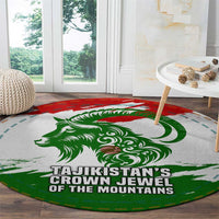 Tajikistan Round Carpet Markhor with Red Green White Brushstroke Flag with Mountain Goat Design