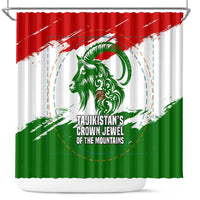 Tajikistan Shower Curtain Markhor with Red Green White Brushstroke Flag with Mountain Goat Design