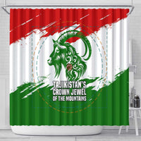 Tajikistan Shower Curtain Markhor with Red Green White Brushstroke Flag with Mountain Goat Design
