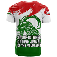 Tajikistan T Shirt Markhor with Red Green White Brushstroke Flag with Mountain Goat Design