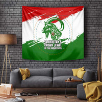 Tajikistan Tapestry Markhor with Red Green White Brushstroke Flag with Mountain Goat Design