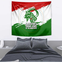 Tajikistan Tapestry Markhor with Red Green White Brushstroke Flag with Mountain Goat Design