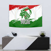 Tajikistan Tapestry Markhor with Red Green White Brushstroke Flag with Mountain Goat Design