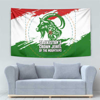 Tajikistan Tapestry Markhor with Red Green White Brushstroke Flag with Mountain Goat Design