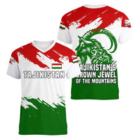 Tajikistan Women V-Neck T-Shirt Markhor with Red Green White Brushstroke Flag with Mountain Goat Design