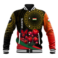 Tajikistan Baseball Jacket Tulip with Red Floral Butterfly with Black Gold Folk Pattern