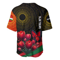 Tajikistan Baseball Jersey Tulip with Red Floral Butterfly with Black Gold Folk Pattern