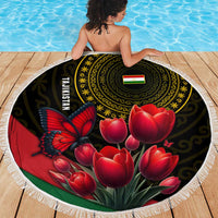 Tajikistan Beach Blanket Tulip with Red Floral Butterfly with Black Gold Folk Pattern