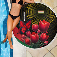 Tajikistan Beach Blanket Tulip with Red Floral Butterfly with Black Gold Folk Pattern