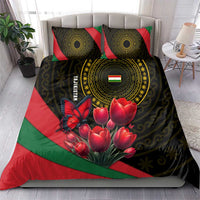 Tajikistan Bedding Set Tulip with Red Floral Butterfly with Black Gold Folk Pattern