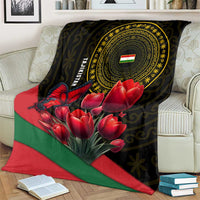 Tajikistan Blanket Tulip with Red Floral Butterfly with Black Gold Folk Pattern