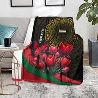 Tajikistan Blanket Tulip with Red Floral Butterfly with Black Gold Folk Pattern