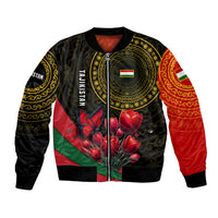 Tajikistan Bomber Jacket Tulip with Red Floral Butterfly with Black Gold Folk Pattern